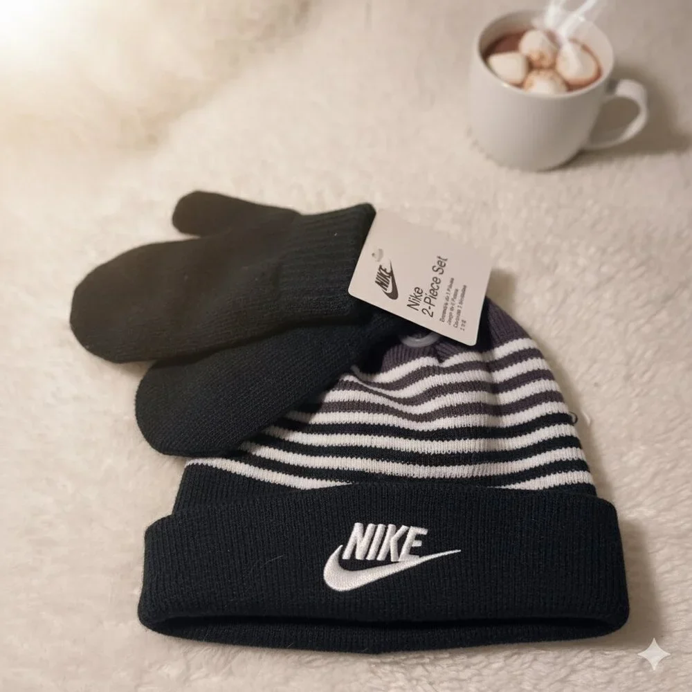 NWT Nike Kids 2-Piece Beanie & Mittens Set | Size 4T | Black & White Striped